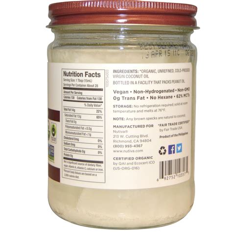 The fresh meat inside each nut yields a pure. Nutiva, Organic Coconut Oil, Virgin, 14 fl oz (414 ml) - iHerb