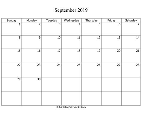 September 2019 Calendar Templates