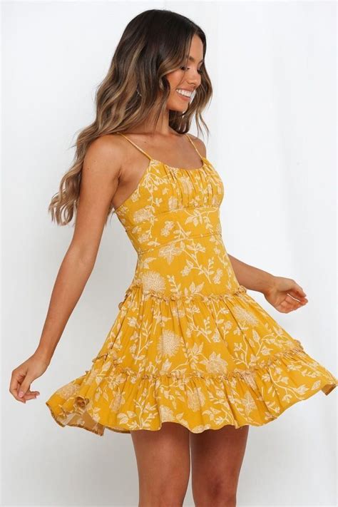 Cute Bright Yellow Floral Summer Short Dress With Ruched Bust And