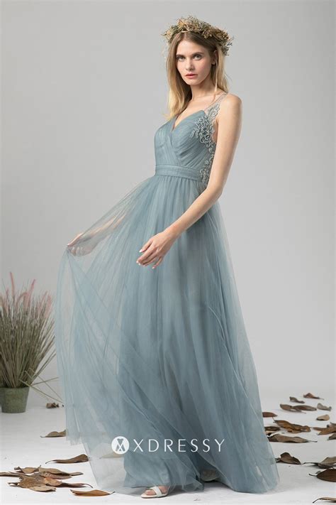 dusty blue lace appliqued tulle v neck bridesmaid dress xdressy