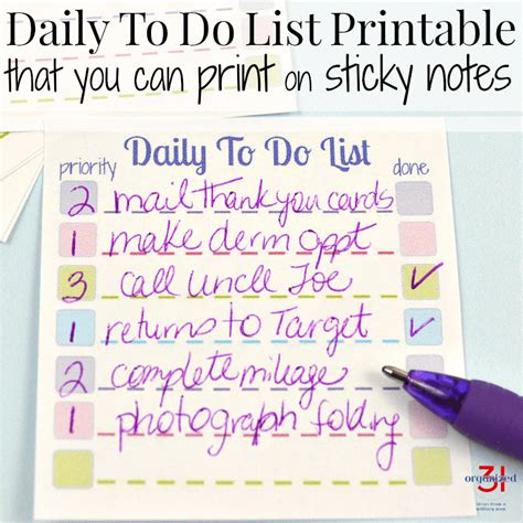 To Do List Printable for Sticky Notes - Organized 31