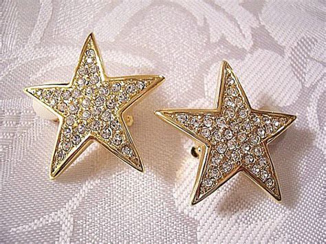 Joan Rivers Crystal Star Clip On Earrings Gold Tone Vintage Raised Rimmed Edges Large Curved