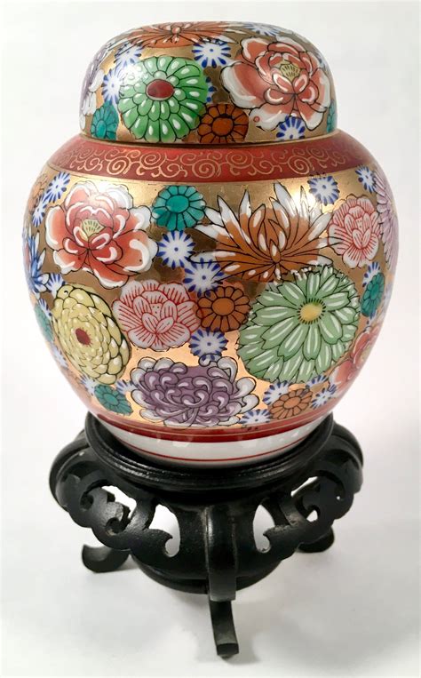 Pretty Painted Japanese Ginger Jar With Display Stand Floral Etsy Ginger Jars Japanese