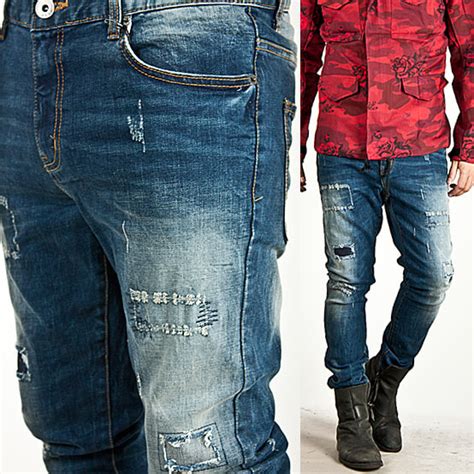 Bottoms ★sold Out★ Distressed Patchwork Accent Washed Denim Slim