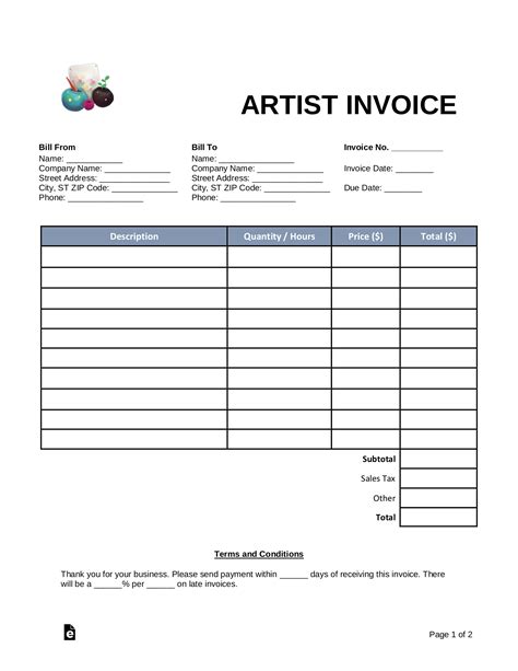 Free Artist Invoice Template Pdf Word Eforms