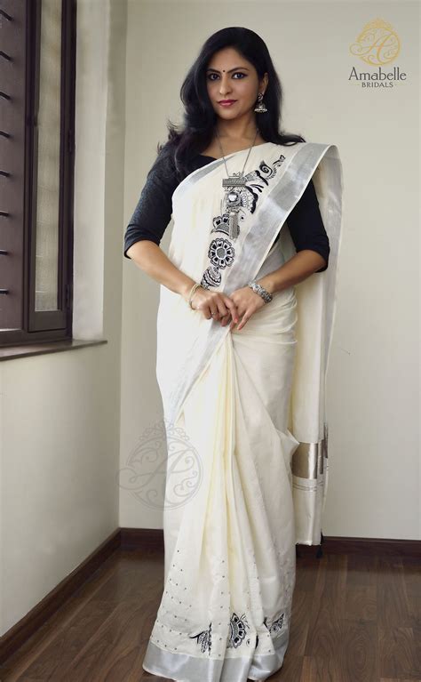 Hand Embroidered Silver Zari Border Kerala Sari Kerala Saree Blouse Designs Set Saree Saree