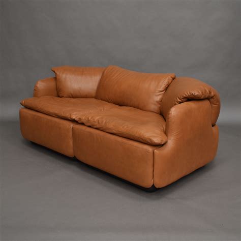 Vintage Cognac Leather Sofa By Alberto Roselli For Saporiti Italy