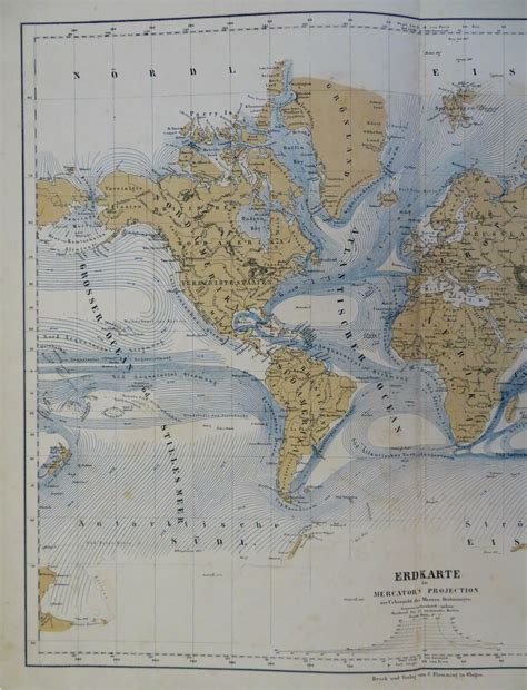 World Map Mercators Projection Ocean Currents 1875 Flemming Map 1875