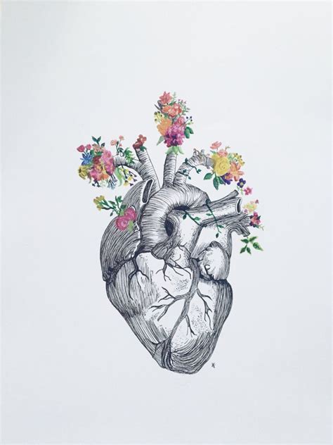 110lb card stock, hb pencil, fine line pen, sharpie marker pen. Anatomical heart + flowers | Anatomical heart drawing, Heart art, Anatomy art