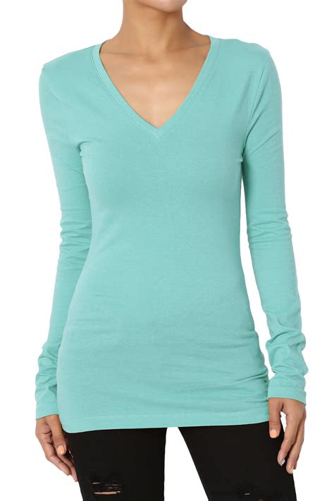 TheMogan Women S Basic Plain Solid V Neck Long Sleeve Tee Cotton Fitted