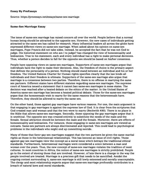 📌 Same Sex Marriage Free Essay Term Paper Example