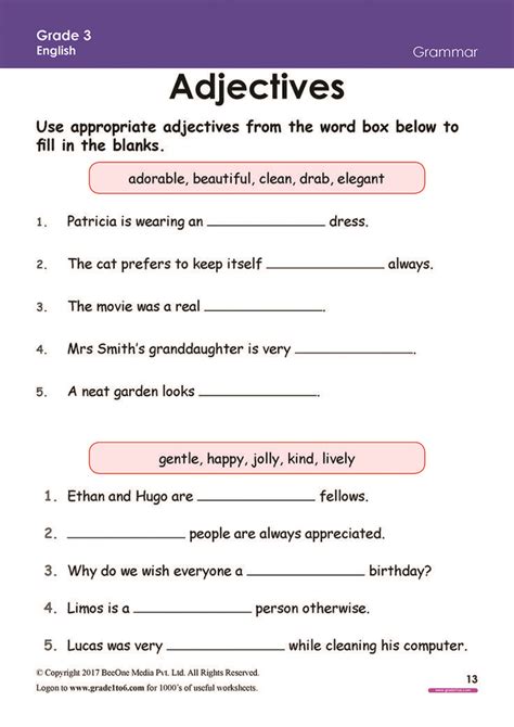 English Grammar Worksheet For Class 3 3rd Grade English Worksheet On