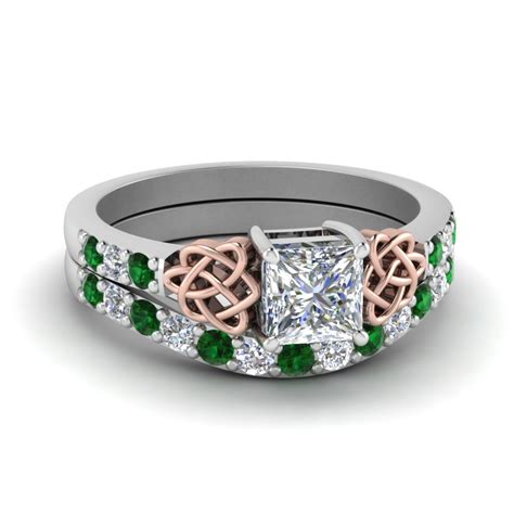 Celtic Princess Cut Diamond Wedding Ring Set With Emerald In White Gold FDENS2255B1PRGEMGR NL WG 