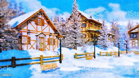 Snow Covered Village At Winter Day In Watercolor Stock