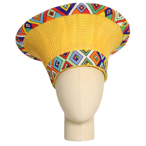 Zulu Wide Basket Hat Yellow With Beaded Bands Handmade In South Af — Luangisa African Gallery
