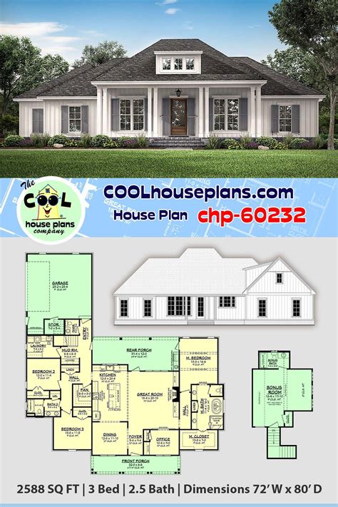 New 3 Bedroom Acadian Style Home Plan Chp 60232 Has Almost 2600 Sq Ft 3