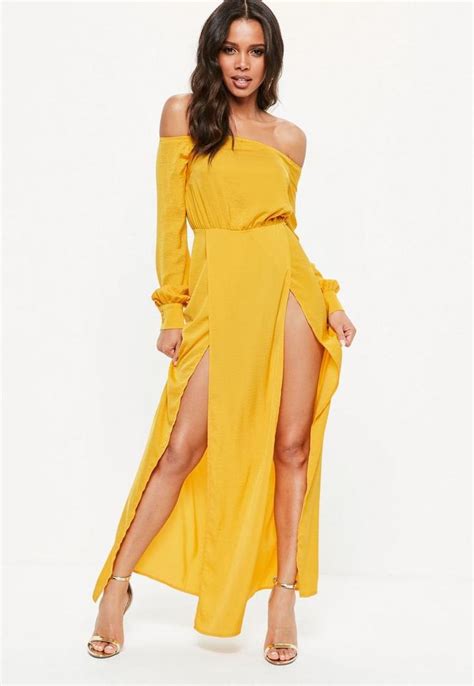 Mustard Yellow Satin Bardot Split Front Maxi Dress Flowy Dress Long Maxi Dress Prom Dresses