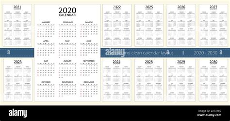 Calendar For 11 Years From 2020 To 2030 Simple And Clean Layout Week
