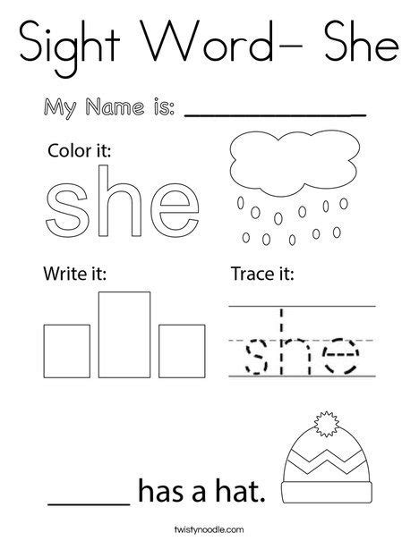 Sight Word She Coloring Page Twisty Noodle Kindergarten Phonics