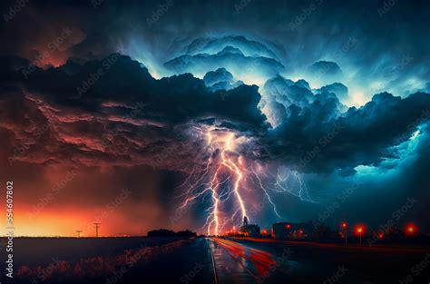 Stockillustratie Dramatic And Powerful Tornado Lightning Thunderstorm