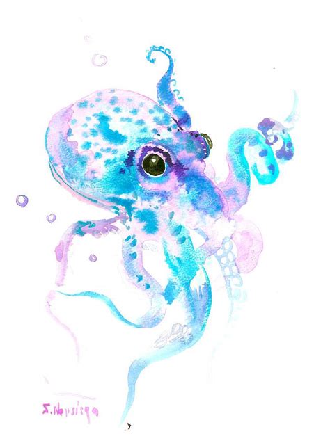 Soft Turquoise Purple Octopus Painting By Suren Nersisyan Octopus