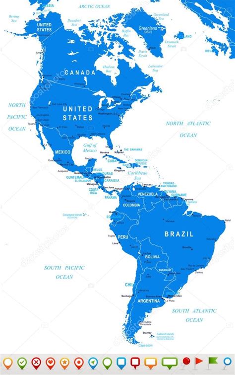 North And South America Map And Navigation Icons Illustration
