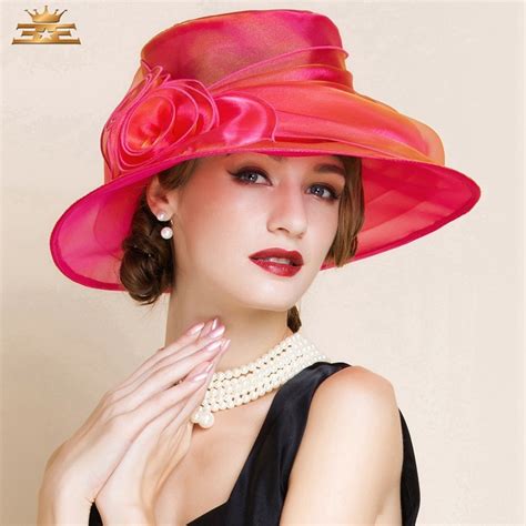 Lady Summer Red Organza Hat Women Elegant Flower Wide Brim Kentucky Derby Hats Lady Vintage
