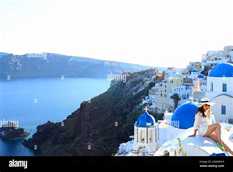 Blue Domed Churches In Oia Santorini Greece Stock Photo Alamy