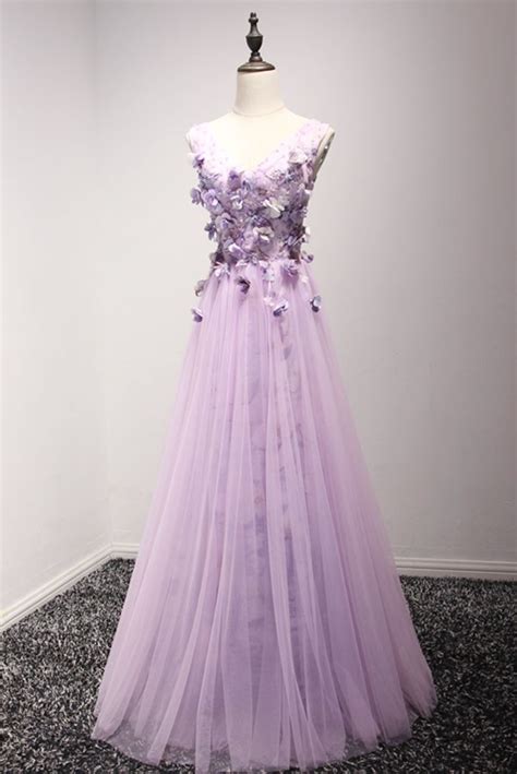 Romantic A Line V Neck Floor Length Tulle Prom Dress With Flowers