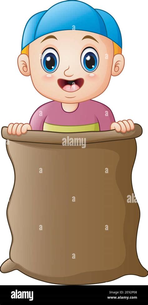 Vector Illustration Of Little Boy Playing Jumping Sack Race Stock