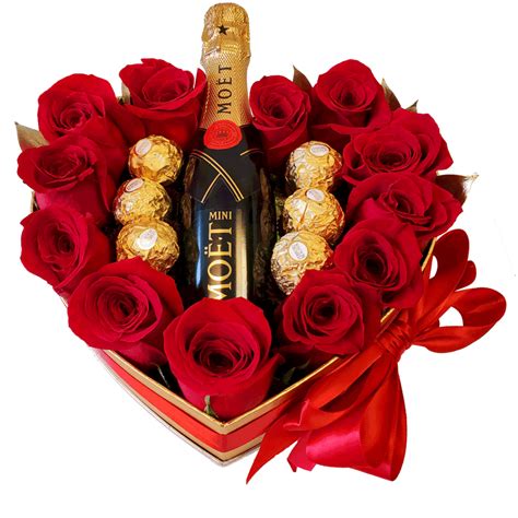 Red Roses Heart With Bombons And Champagne Love Flowers Miami