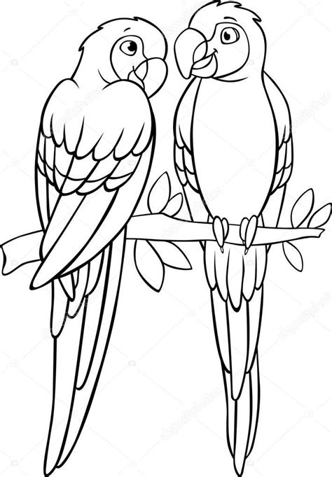 Disegno Colorare Due Simpatici Pappagalli Macaw Rosso Siede Sul Tre