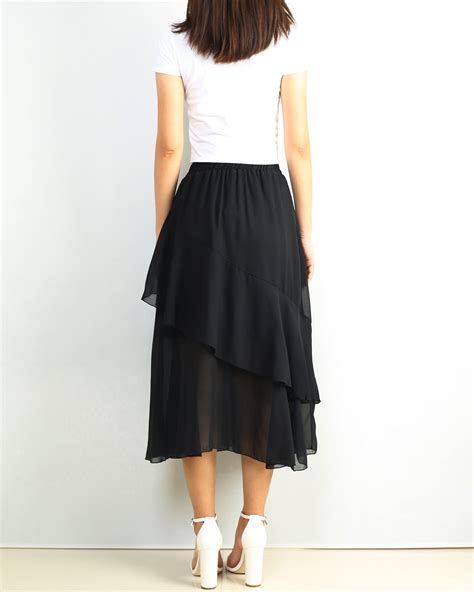 Black Chiffon Skirt Elastic Waist Skirt Midi Layered Skirt Etsy