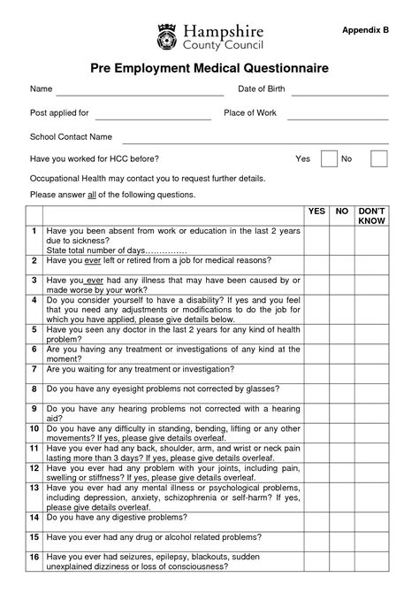 Pre Employment Medical Questionnaire Questionnaire Template Form