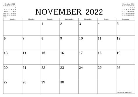Blank Monthly Calendar November 2022