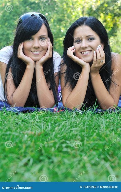 Two Happy Friends Lying Outdoors Stock Photo Image Of People