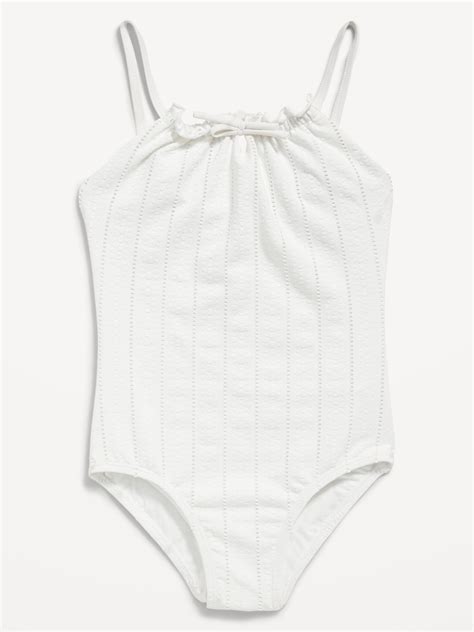 textured eyelet cinch tie one piece swimsuit for girls old navy
