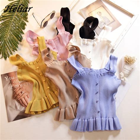 Heliar 2020 Summer Flounce Hem Tops Female Buttons Sexy Skinny Crop Tops Women Spaghetti Cute