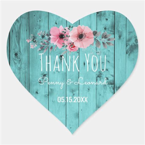 Thank You Floral Rustic Wood Teal Wedding Favor Heart Sticker Zazzle