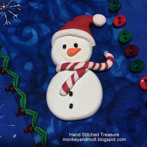 Hand Stitched Treasure Polymer Clay Snowman Motif