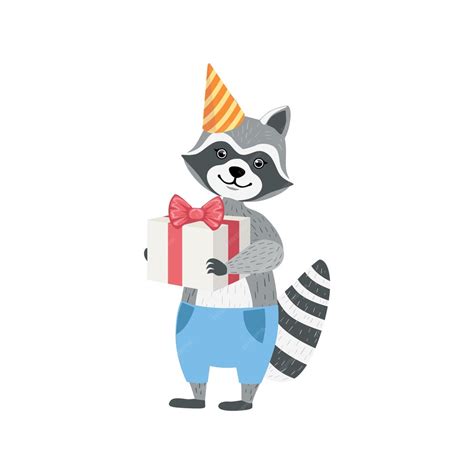 Premium Vector Raccoon Cute Animal Character Attending Birthday Party