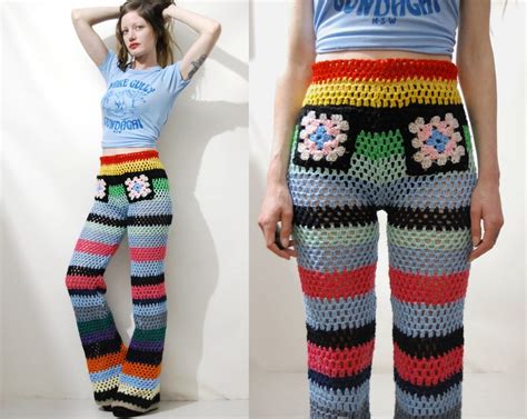 Rainbow Crochet Pants Striped Flares Granny Square Trousers Etsy