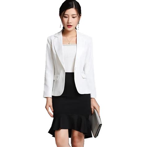 Fmasuth Spring Skirt Suit For Office Ladies 2 Pieces White Blazer