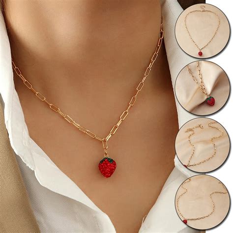 New Crystal Strawberry Necklace For Women Chain Pendant Choker Chain