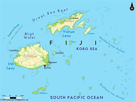 Large Physical Map Of Fiji With Major Cities Fiji