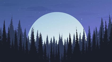 Beautiful Night Pine Forest With The Moon Landscape Background