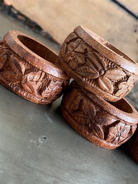 4pc Vintage Carved Wood Napkin Rings Wood Napkin Rings Made Etsy