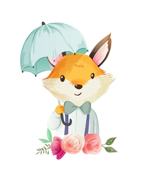 Cute Cartoon Fox Holding Umbralla Illustration 678834 Vector Art At
