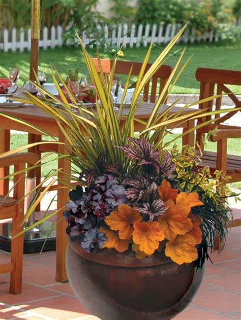 Fall Containers With Grasses Yucca Begonias And Coral Bells