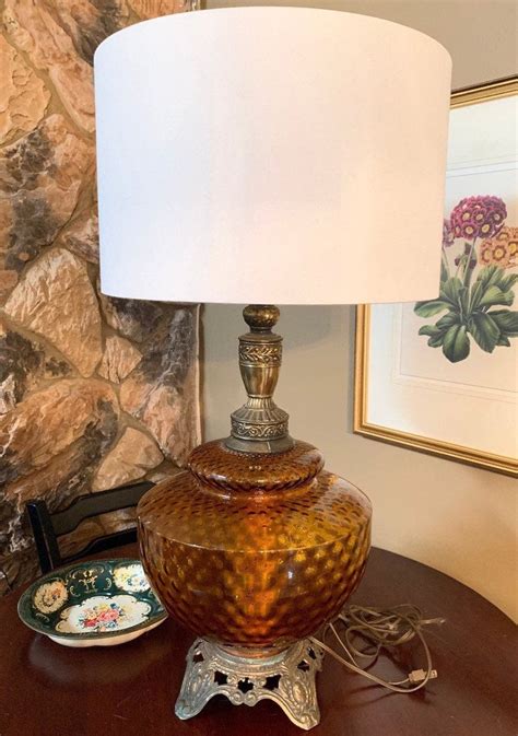 Vintage Amber Glass Table Lamp Dishice63